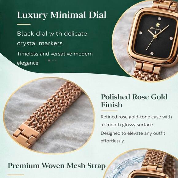 Other Accessories - Women’s Rose Gold Square Watch Black Dial Luxury Mesh Band Elegant Waterproof